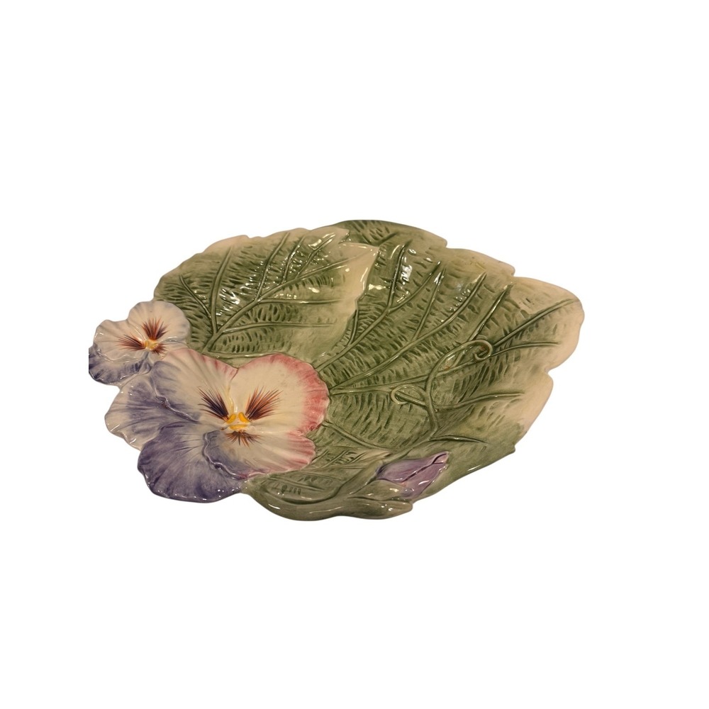 Fitz & Floyd classic 2003 Halcyon Hand Crafted Ceramic Leaf Dish Pansy‎ Flowers